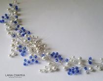 wedding photo -  White Pearl Blue Crystal Hair Vine, Bridal Hair Piece, Wedding Headpiece Sapphire White Pearl Wreath Bridal Floral Hair Piece Something Blue