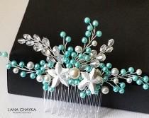 wedding photo -  Mint Pearl Sea Star Hair Comb, Turquoise Starfish Hair Piece, Aqua Mint Nautical Hair Jewelry, Beach Wedding Headpiece Mint White Pearl Comb