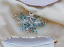 wedding photo -  Beach wedding hair accessories Blue Bridesmaids gifts Aqua Blue Starfish Hair clip Mermaid crown Starfish crown seashell hair accessories