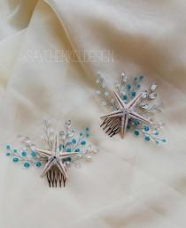 wedding photo -  Set of 2 hair comb with natural starfish and blue beads|Beach wedding hair accessories|Bridesmaids gifts| Aqua Blue Starfish Hair clip