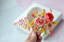 wedding photo -  Yellow coral flower comb, Wedding fall hair piece, Bride floral hair comb, Orange flower hair comb, Autumn wedding piece, Woodland hair comb