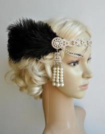 wedding photo - The Great Gatsby 20's rhinestone pearls flapper headband,20's flapper Headpiece headband, Bridal Headband, Crystal Ribbon Headband Black