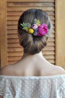 wedding photo -  Purple yellow flower comb, Floral hair piece back, Floral hair comb wedding boho, Flowers hair, Bridal headpiece flowers, Purple peony hair