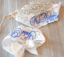 NO SLIP Wedding Garter Set MONOGRAM Option Lingerie Lace Rhinestones and Pearls Setting Bridal Garter Set