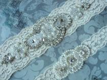 wedding photo - SALE! Wedding Garter Set - Vintage Ivory Lace Garter with Pearl and Rhinestone Applique - Garter Toss