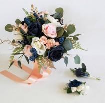 wedding photo - Navy and Blush Bridal Bouquet, Navy and Gold Wedding, Ballet Rose, Quartz, Marine Bridal Flowers, Boho Bridal Bouquet, Eucalyptus, Fall