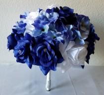 wedding photo - Royal Blue White Rhinestone Rose Hydrangea Bridal Wedding Bouquet & Boutonniere