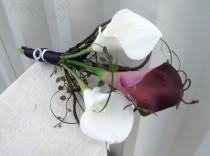 wedding photo - Bridal bouquet, Plum and white Bridesmaid bouquet, Real touch wedding flowers, Calla lily bouquet