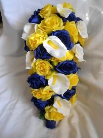 wedding photo - Yellow and Navy brides flowers cascade bouquet 2 pieces Free toss boutonnier and toss