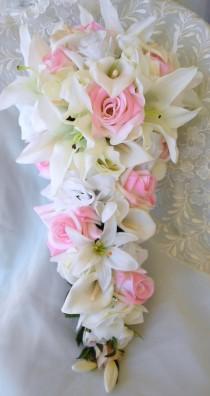 wedding photo - Bridal cascade wedding bouquet white and pink roses with casablanca lilies and callas