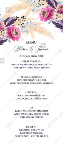 wedding photo - Pampas grass menu wedding invitation set pink peony flower pdf custom online editor 4x9 in