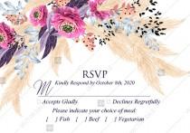 wedding photo - Pampas grass rsvp wedding invitation set pink peony flower pdf custom online editor 5x3.5 in