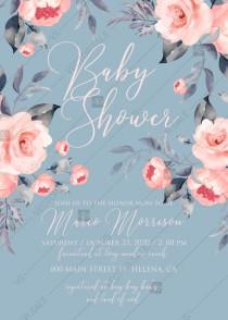 wedding photo - Peony baby shower invitation floral watercolor card template online editor pdf 5x7 in