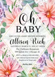 wedding photo - Oh Baby shower invitation pink garden rose peach chrysanthemum succulent greenery PDF 5x7 in edit online