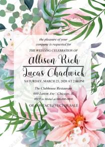 wedding photo - Engagement shower invitation pink garden rose peach chrysanthemum succulent greenery PDF 5x7 in edit online