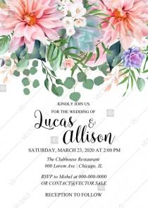 wedding photo - Wedding invitation pink garden rose peach chrysanthemum succulent greenery PDF 5x7 in edit online