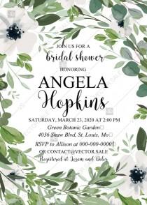 wedding photo - Bridal shower invitation watercolor greenery herbal and white anemone PDF 5x7 in edit online