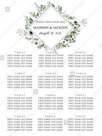 wedding photo - Seating Chart template watercolor greenery herbal and white anemone PDF 18x24 in edit online