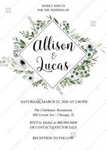 wedding photo - Wedding invitation watercolor greenery herbal and white anemone PDF 5x7 in edit online