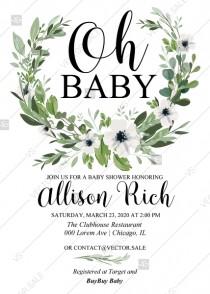 wedding photo - Baby shower invitation watercolor greenery herbal and white anemone PDF 5x7 in edit online