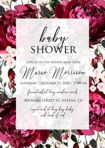 wedding photo - Baby shower invitation marsala dark red peony wedding greenery burgundy floral PDF 5x7 in Customize online cards