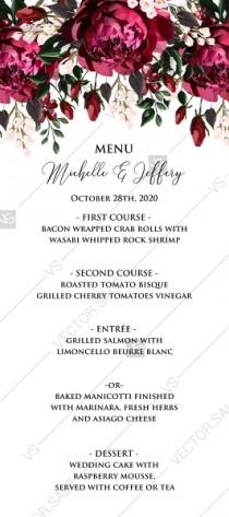 wedding photo - Menu Marsala dark red peony wedding invitation greenery burgundy floral PDF 4x9 in Customize online cards