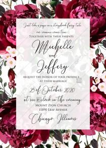 wedding photo - Wedding invitation marsala dark red peony greenery burgundy floral PDF 5x7 in Customize online cards