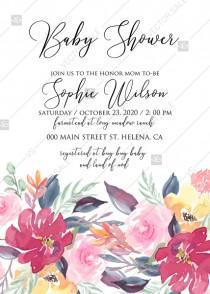 wedding photo - Baby shower invitation watercolor wedding marsala peony pink rose eucalyptus greenery 5x7 in pdf invitation maker