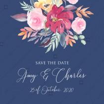 wedding photo - Save the date card watercolor wedding marsala peony pink rose navy blue background 5.25x5.25 in pdf customize online