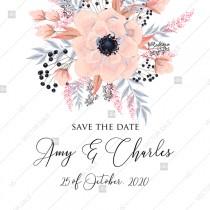 wedding photo - Anemone save the date card printable template blush pink watercolor flower PDF 5x7 in PDF download