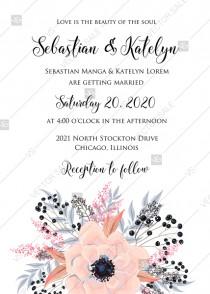 wedding photo - Anemone wedding invitation card printable template blush pink watercolor flower PDF 5x7 in create online