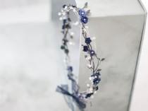 wedding photo - Navy blue flower crown for wedding, dainty hair wreath, delicate floral headband