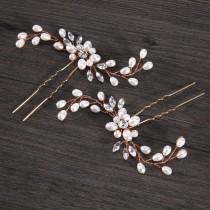 wedding photo - Dainty rose gold or silver crystal and pearl bridal hairpins. Elegant wedding hair clips. White ivory clear zirconia bridal hair barrette