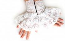 wedding photo -  White victorian lace cuff bracelet, corset arm warmers laced up, ruffled lace steampunk white lace gloves, pirate dark rococo gothic