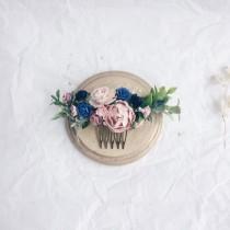 wedding photo - Blush pink and navy blue head piece, Bridesmaids hair pieces blush and greenery headpiece, floral hair piece, pale pink hair clip, bridal