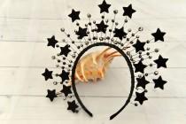 wedding photo - Black star crystal spike halo crown Wedding goth black headpiece celestial headband