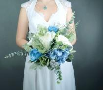 Pastel blue white silk flowers bouquet with greenery Best quality dusty miller flocked leafs roses hydrangea eucalyptus ivory bridesmaid wedding photo - Pastel blue white silk flowers bouquet with greenery Best quality dusty miller flocked leafs roses hydrangea eucalyptus ivory bridesmaid
