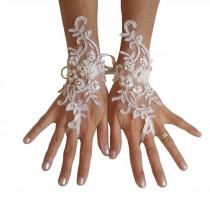 wedding photo -  Wedding gloves beaded pearls white or ivory lilac bridal gloves lace gloves fingerless gloves french lace gloves lavender