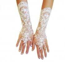wedding photo -  Long Ivory Wedding gloves, bridal gloves, lace gloves, fingerless gloves, ivory gloves, french lace gloves, long glove, lace mittens, silver