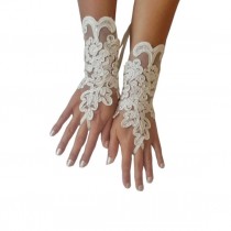wedding photo -  Wedding, gloves, adorned beads Ivory bride glove bridal gloves lace gloves fingerless gauntlets ivory gloves guantes gloves