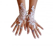wedding photo -  Ivory Wedding gloves bridal gloves lace gloves fingerless gloves ivory gloves guantes french lace silver frame gloves 8639W