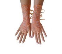wedding photo -  Halloween costume, lace gloves, orange, silver frame, bridal cuff, fingerless, lace gauntlets, guantes, french lace, costume accessories,