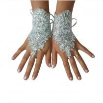 wedding photo -  Aqua Blue, beaded Wedding gloves, bridal lace gloves, fingerless gloves, something blue, french lace, birdesmaid gift, gauntlets, guantes