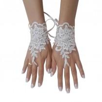 wedding photo -  Beaded, ivory, silver, frame, wedding gloves, bridal glove, lace gloves, bridesmaid gift, bridal accesory, fingerless glove, armwarmers lace