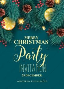 wedding photo -  Merry Christmas party invitation blue fir tree, pine cone, cranberry, orange, banner template online maker