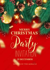 wedding photo -  Merry Christmas party invitation ted green fir tree, pine cone, cranberry, orange, banner template PDF 5x7 in online maker