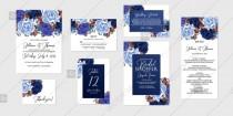 wedding photo -  Navy vlue rose peony Wedding invitation set printable card template vector floral illustration