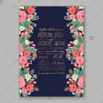 wedding photo -  Pink rose, peony wedding invitation card dark blue background floral design thank you card thank you card