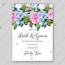 wedding photo -  Pink rose watercolor blue hydrangea wedding invitation vector card