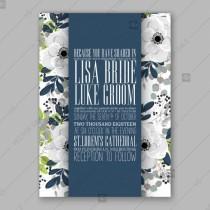 wedding photo -  Anemone Wedding invitation card in light gray and navу leaves